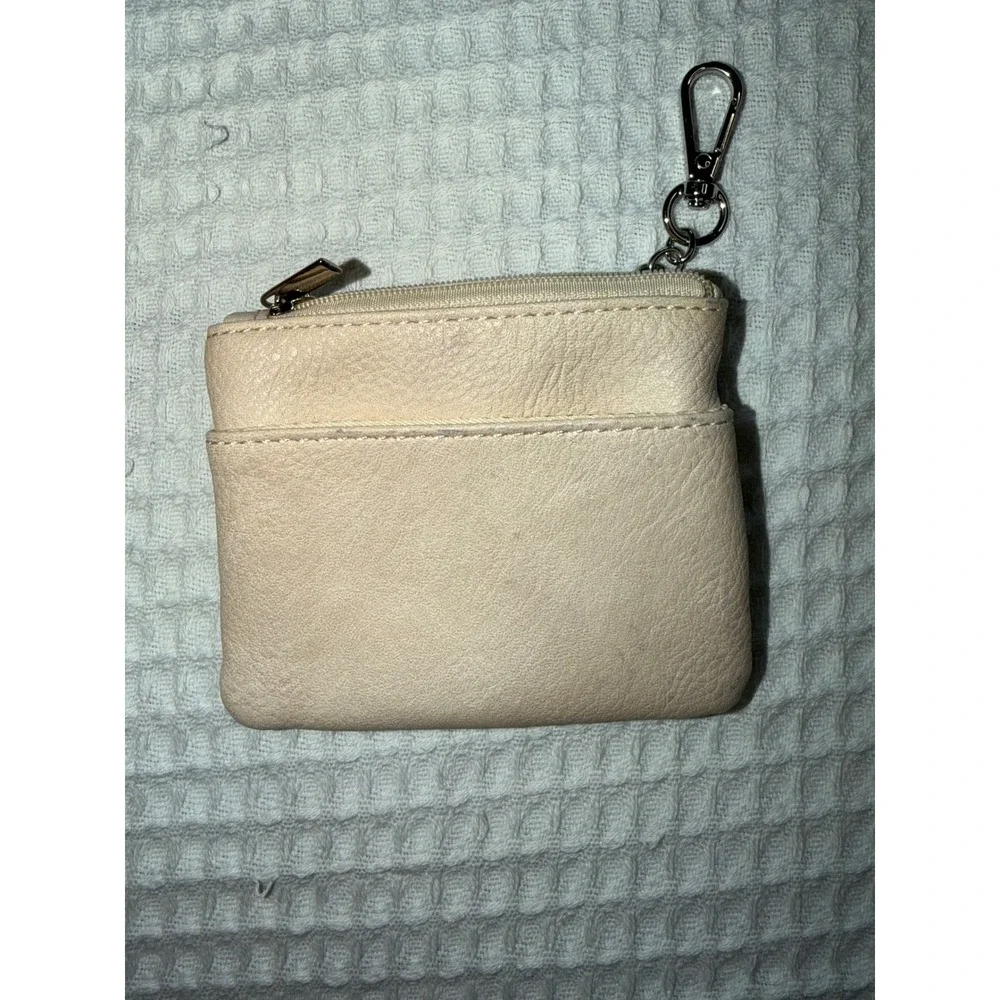 Save‎ the Girls Coin Purse Womens Small Beige Faux Leather Triple Zip Keychain